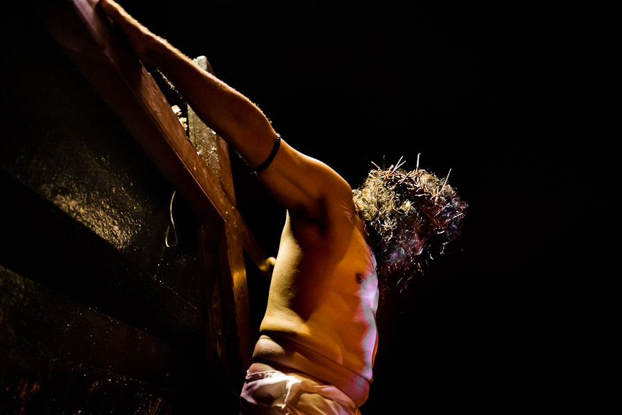 A Peruvian actor Mario Valencia performs the crucifixion of Jesus Christ in the Good Friday procession during the Holy week in Lima, Peru.