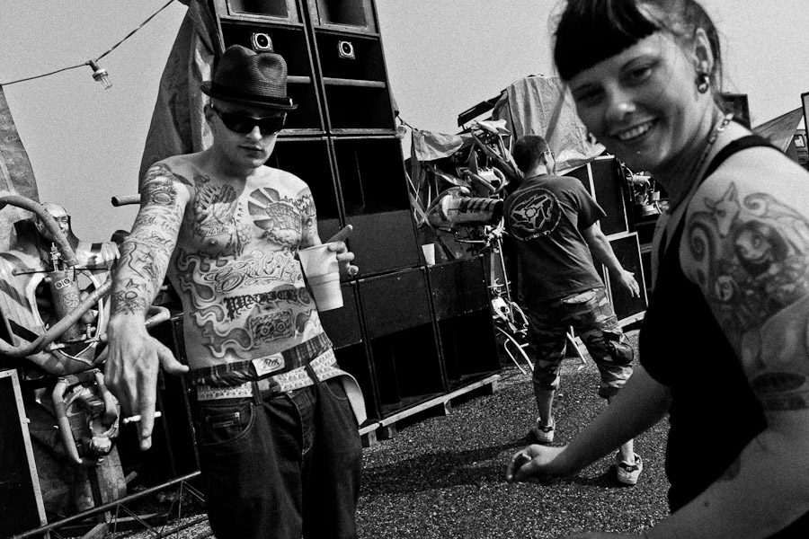 Young people dance in front of the speakers of a Sound System at Czech Free Tekno Festival “Czarotek” close to Kvetná, Czech Republic.