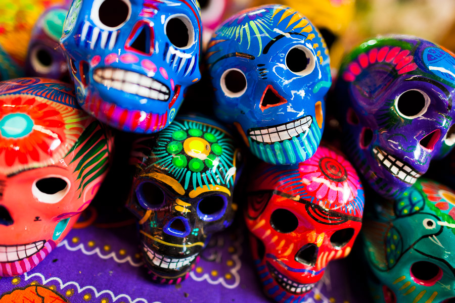 Colorful painted skulls (Calaveras) are sold on the market during the Day of the Dead holiday in Mexico City, Mexico.