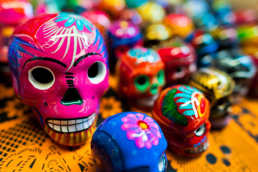 Calaveras - colorful hand painted skulls - are sold on the market during the Day of the Dead celebrations in Mexico City, Mexico.