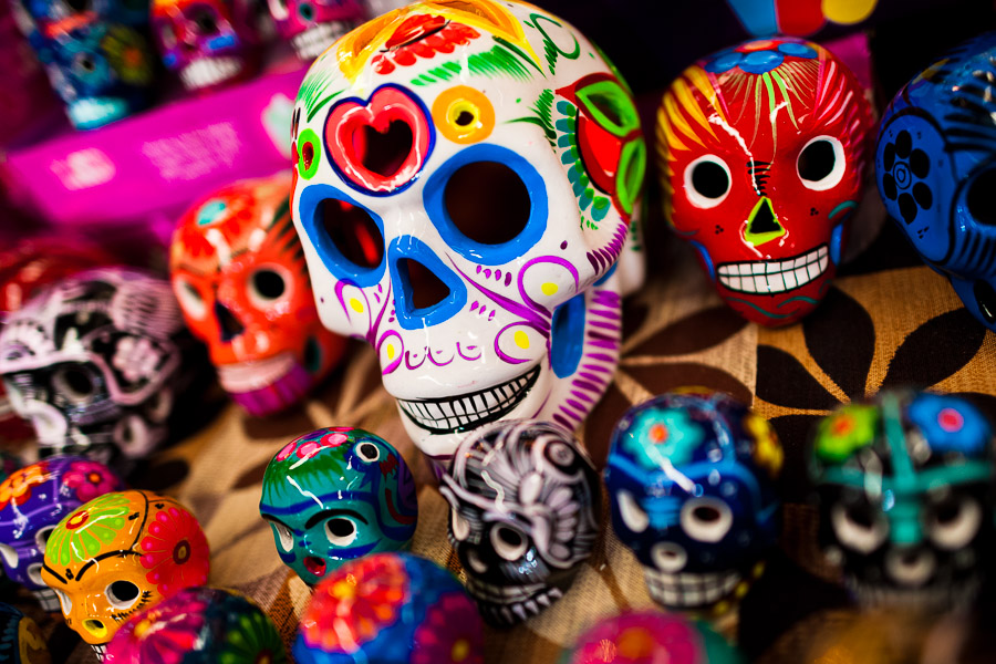 Colorful hand painted skulls are sold on the market during the Day of the Dead festivities in Mexico City, Mexico.