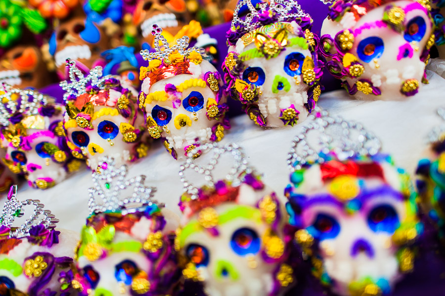Colorful sugar skull candies are sold on the market during the Day of the Dead festivities in Mexico City, Mexico.