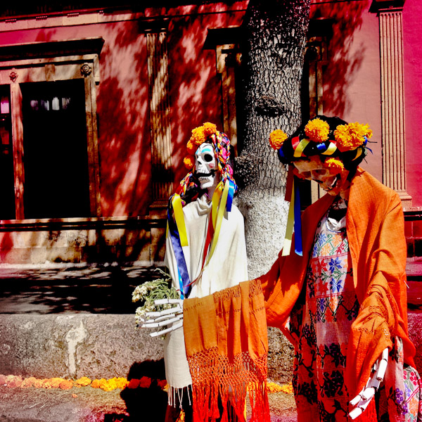 Female skeleton figures, forming a part of the public altar (ofrenda), are seen on the street during the celebrations of the Day of the Dead (Día de Muertos) holiday in Morelia, Michoacán, Mexico.