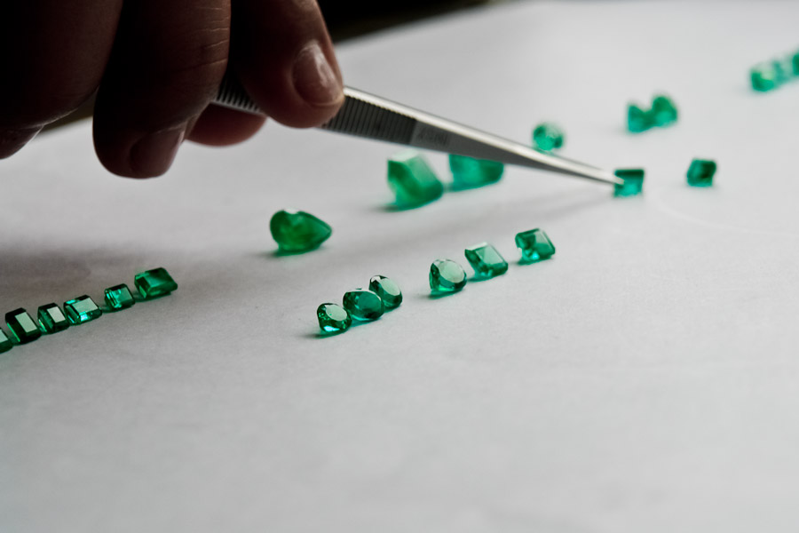 Fine emeralds seen after being processed in a cutting and polishing workshop in Bogota, Colombia.