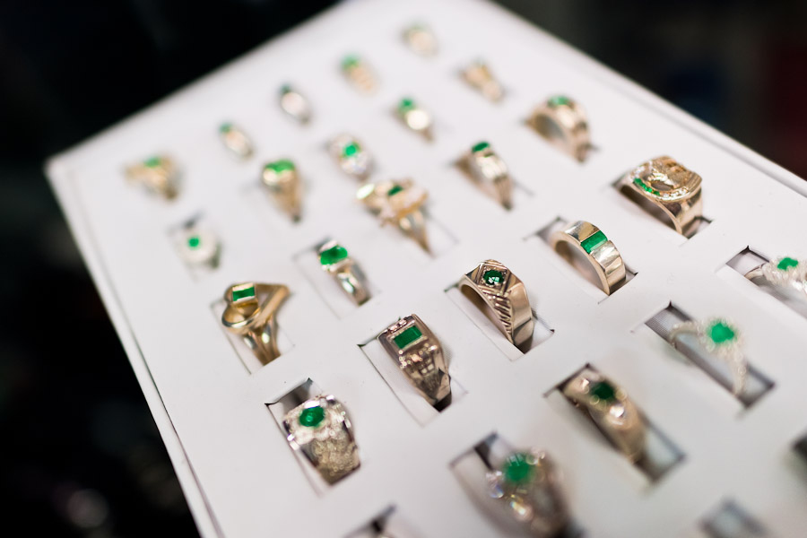 A jewelry display box, containing gold rings with emeralds, is seen in the jewelry workshop in Bogota, Colombia.