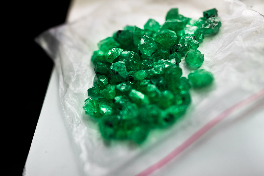 Rough emeralds seen before being processed in a cutting and polishing workshop in Bogota, Colombia.