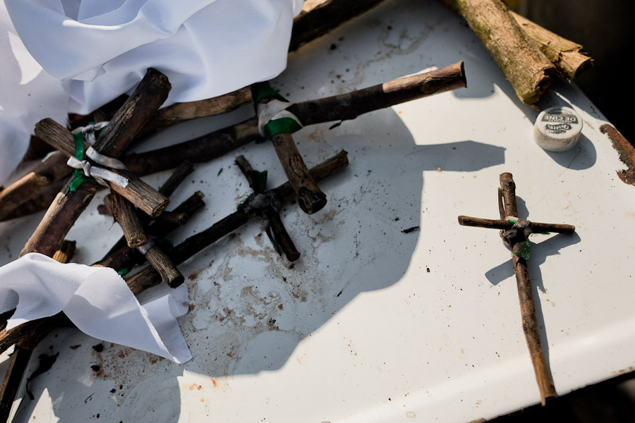 Handmade wooden crosses seen during a ritual of exorcism performed by Hermes Cifuentes in La Cumbre, Colombia.