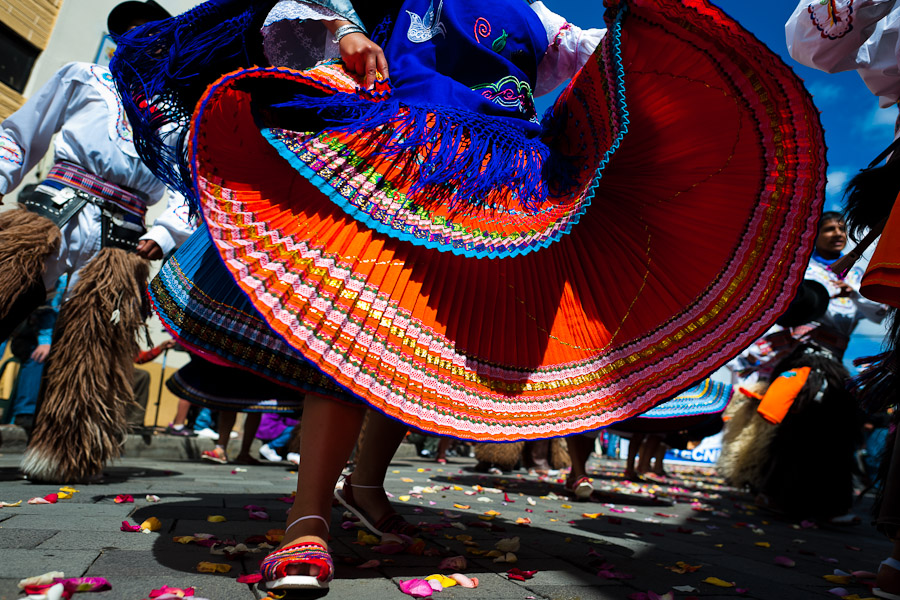 A girl dancer (danzante) performs in the religious parade within the Corpus Christi festival in Pujilí, Ecuador.