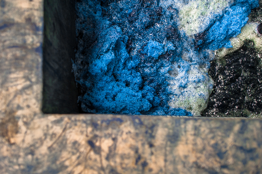 A blue foam is seen at the top of the water solution containing indigo, while being stirred in a concrete tank at the semi-industrial manufacture near San Miguel, El Salvador.