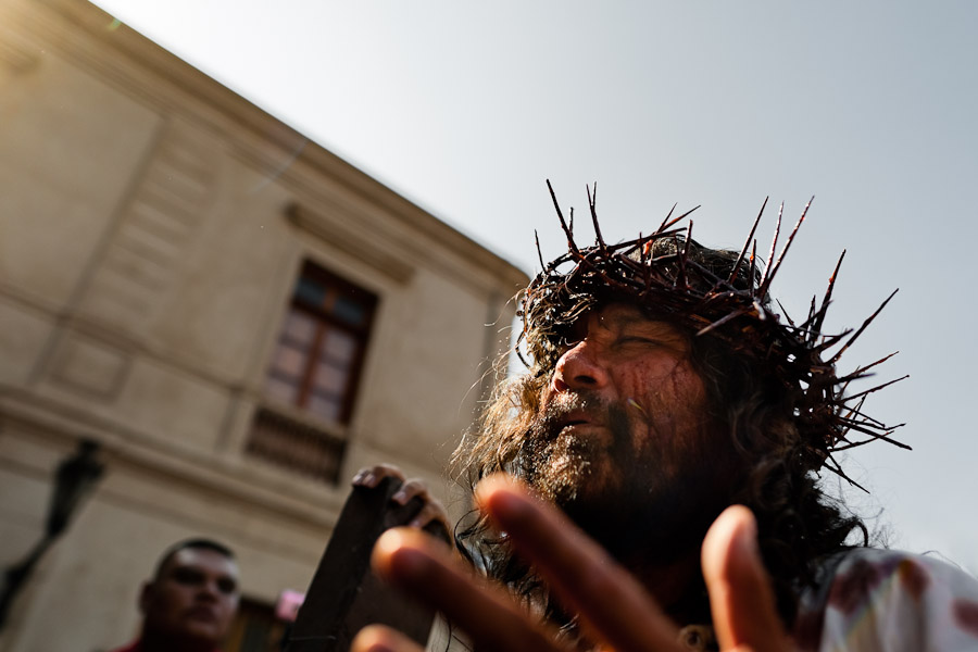 A Peruvian actor Mario Valencia, known as Cristo Cholo, performs as Jesus Christ in the Good Friday procession during the Holy week in Lima, Peru.