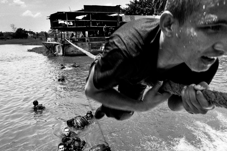 Colombian troop is being trained for jungle combat and survival.