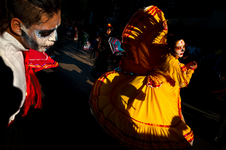 A young Mexican woman, dressed as La Catrina, performs a dance act during the Day of the Dead festivities in Guadalajara, Jalisco, Mexico.