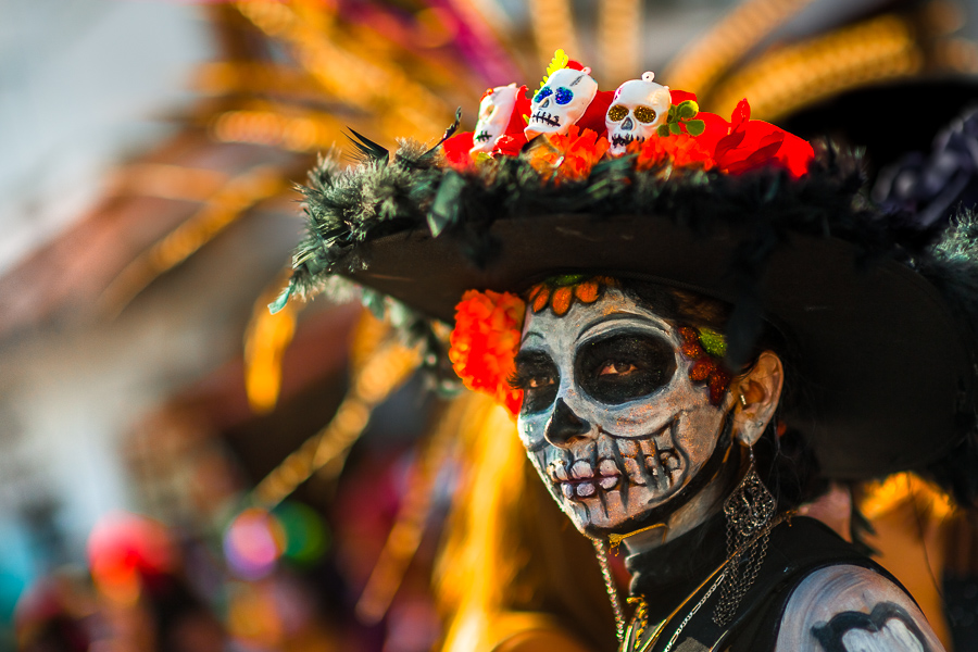 A Mexican girl, dressed as La Catrina, a Mexican pop culture icon representing the Death, takes part in the Day of the Dead celebrations in Taxco de Alarcón, Guerrero, Mexico.