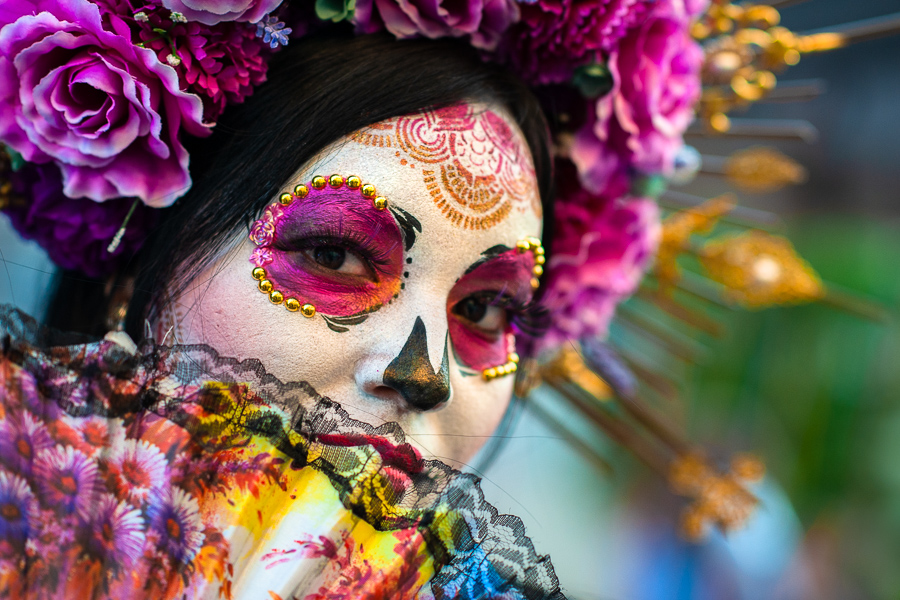 A young Mexican woman, dressed as La Catrina, a Mexican pop culture character representing the Death, takes part in the Day of the Dead festivities in Tlaquepaque, Jalisco, Mexico.