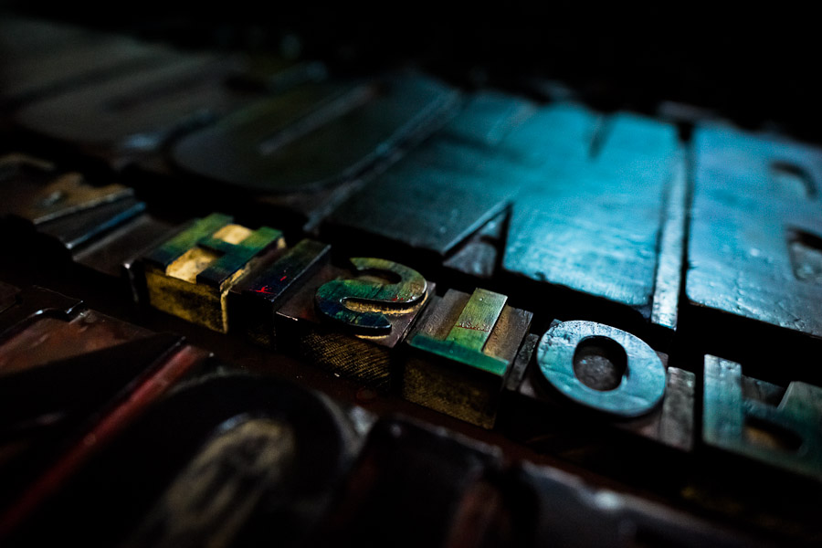 Letterpress types, made of wood, placed in a tray in the vintage print shop in Cali, Colombia.