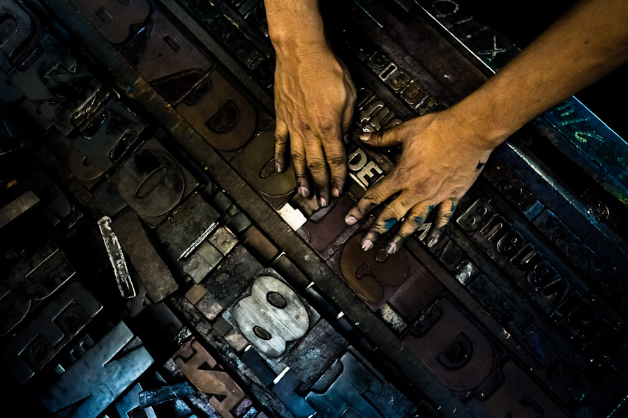 Letterpress types, made of wood, placed in a tray in the vintage print shop in Cali, Colombia.