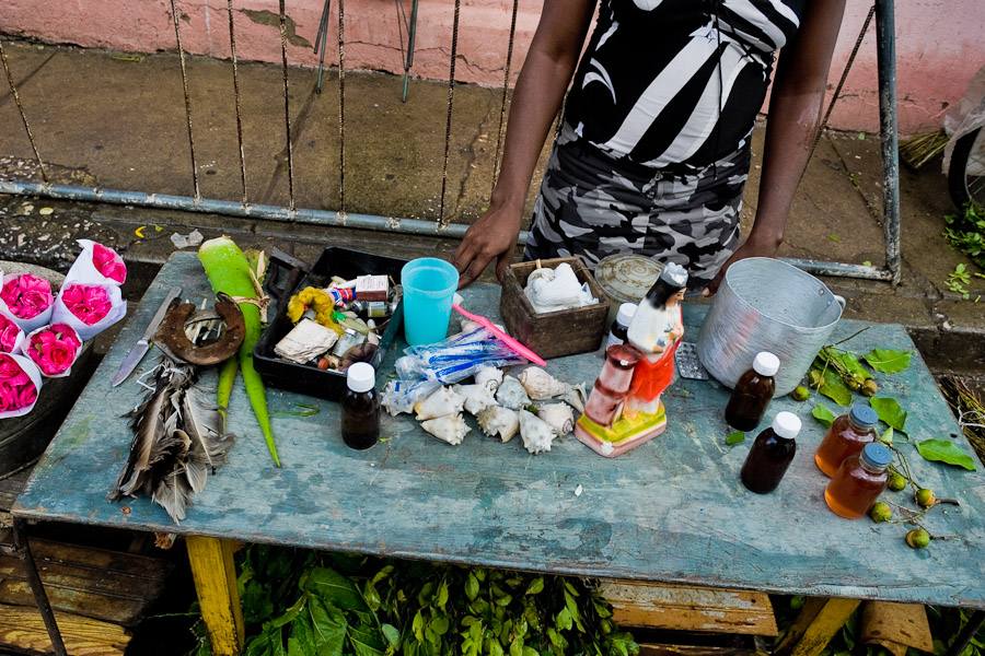 Magic elements in the Palo religion (shells, plants, feathers, horseshoes…) sold in the market in Santiago de Cuba, Cuba.