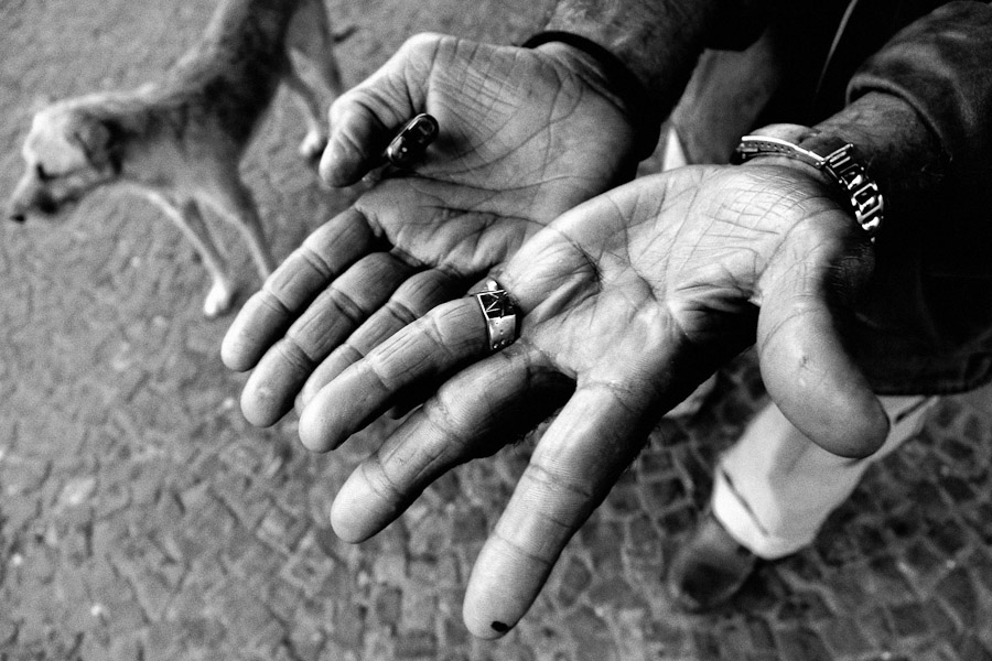 A Brazilian man living on the street shows his empty hands, São Paulo, Brazil.