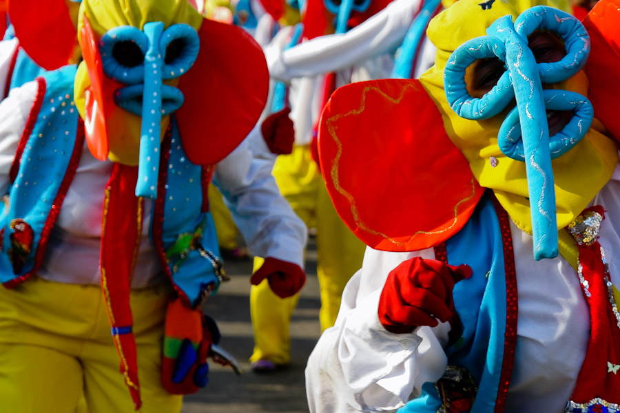 Colombian men, wearing the traditional Marimonda costume, dance during the Carnival in Barranquilla, Colombia.