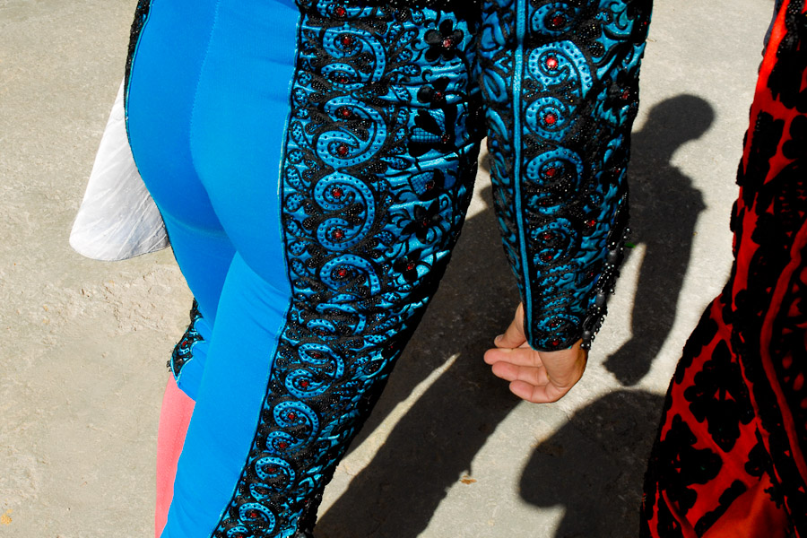 A detail of the matador's short trousers (Traje de luces) seen before the Bullfight starts.