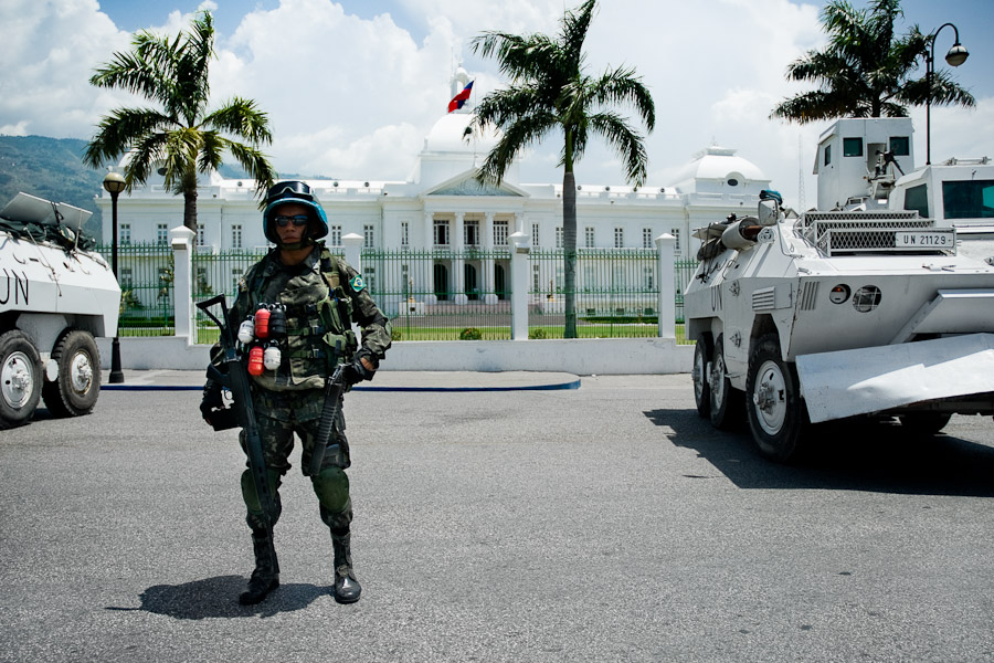 The UN soldier from Brazil guards the Presidential Palace in Port-au-Prince, Haiti.