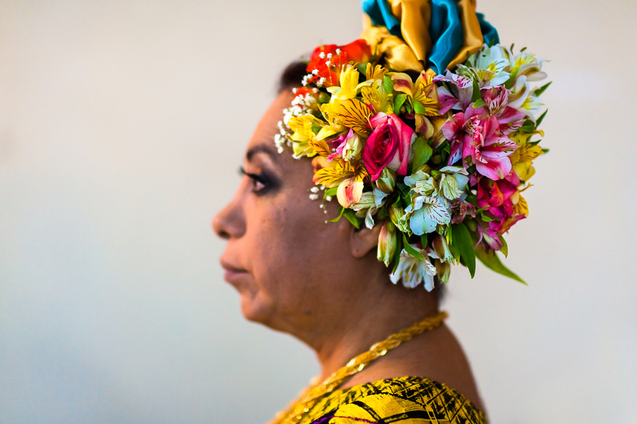 A Mexican “muxe” (typically, a homosexual man wearing female clothes) checks out a large floral headband while preparing for the night party during the Vela de las Intrépidas festival in Juchitán de Zaragoza, Oaxaca, Mexico.