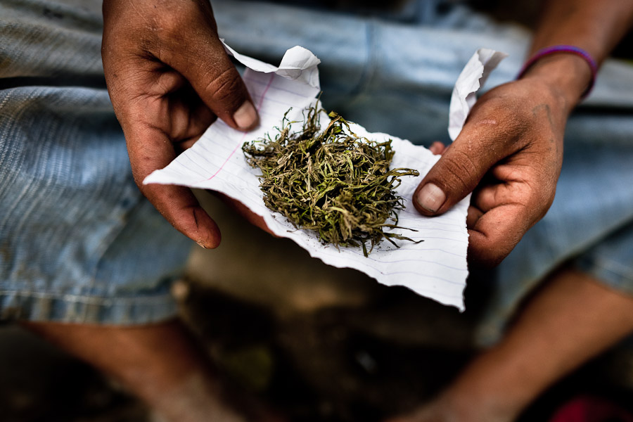 A young Guatemalan boy shows a package of natural marijuana grown outdoors on the Guatemala-Mexico border.