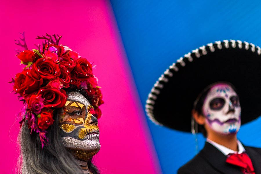A young couple, costumed as La Catrina, a Mexican pop culture icon representing the Death, takes part in the Day of the Dead celebrations in Oaxaca, Mexico.