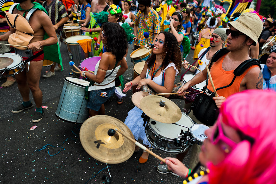 Drum players (bateria) of the Orquestra Voadora band perform during the carnival street party in Flamengo, Rio de Janeiro, Brazil.