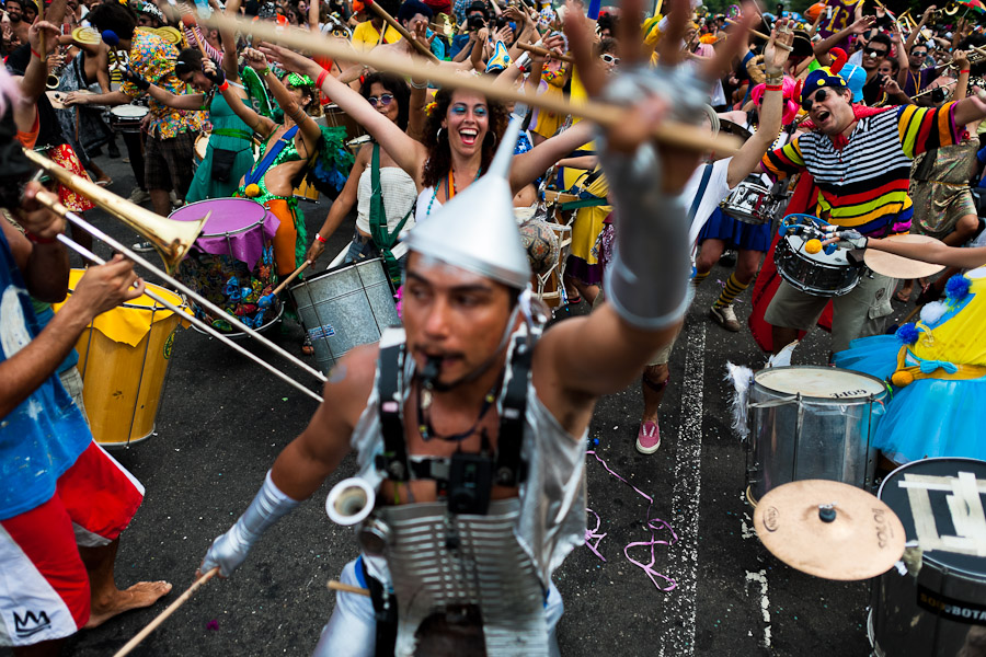 Drum players (bateria) of the Orquestra Voadora band perform during the carnival street party in Flamengo, Rio de Janeiro, Brazil.