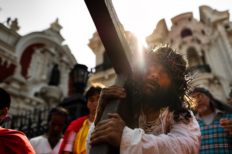 A Peruvian actor Mario Valencia, known as Cristo Cholo, performs as Jesus Christ in the Good Friday procession during the Holy week in Lima, Peru.