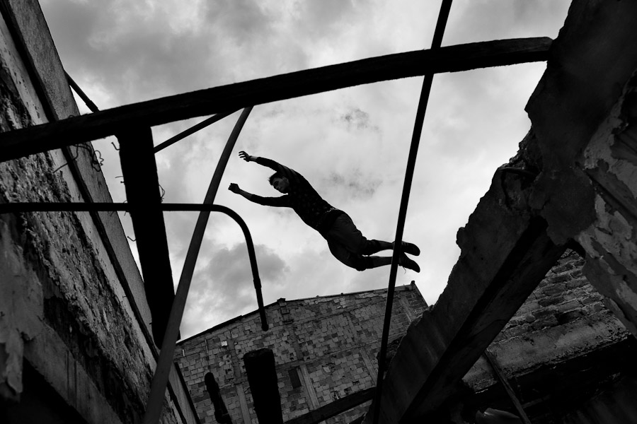 Colombian parkour runners perform during free running training sessions in Bogotá, Colombia.