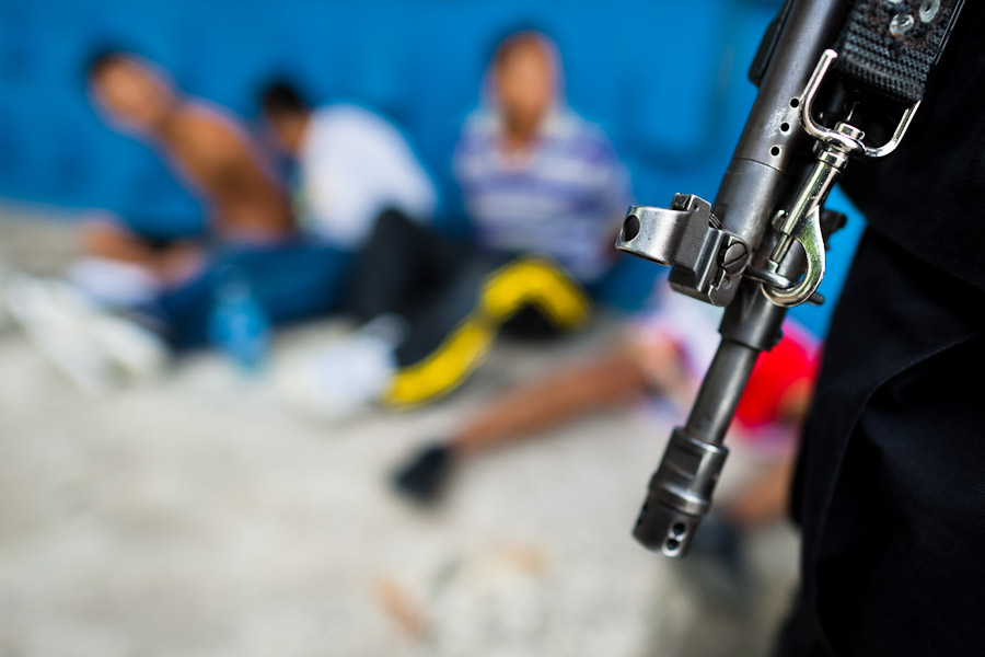 Supposed Mara 18 gang members are seen detained by the “Halcones” (Falcons), a special police brigade operating in San Salvador, El Salvador.