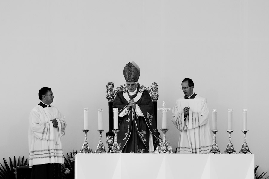 Pope Benedict XVI prays during the outdoor mass in Stara Boleslav, on the St Wenceslas Day. St Wenceslas, the patron saint of Czechs, died as a martyr in Stara Boleslav in 935 A.D.