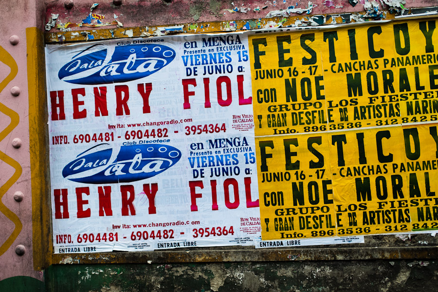 Posters printed on the ancient letterpress machine seen on the street of Cali, Colombia.