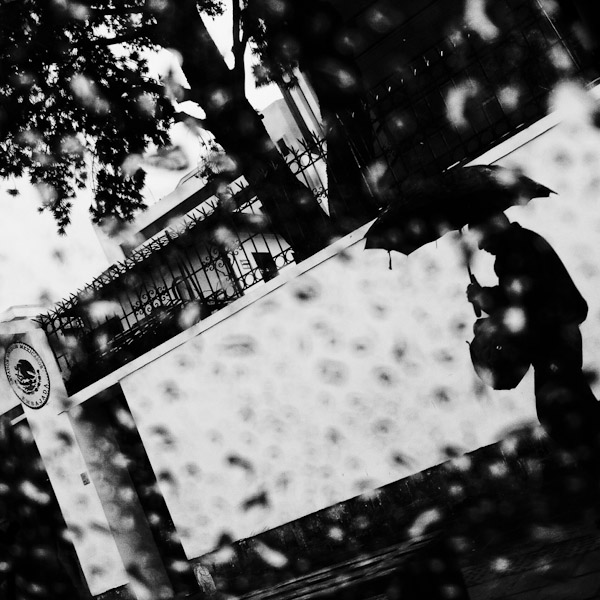 A pedestrian, holding an umbrella, walks on the street during a heavy rain in Quito, Ecuador.