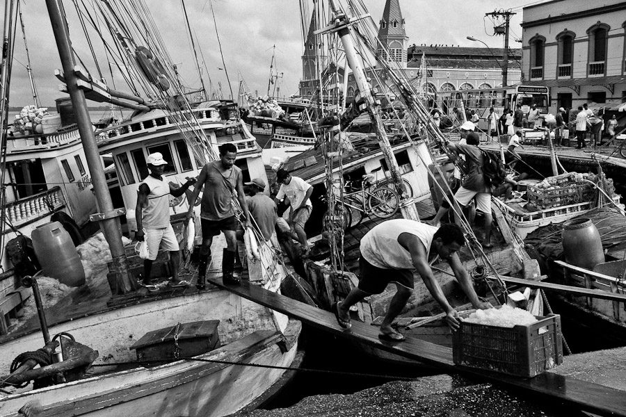 The riverport of Belém is the entrance gate to Amazonia. Fish, fruits, meat, herbs, crafts and spices are sold in the Ver-o-Peso market (Check-the-weight) right in the port.