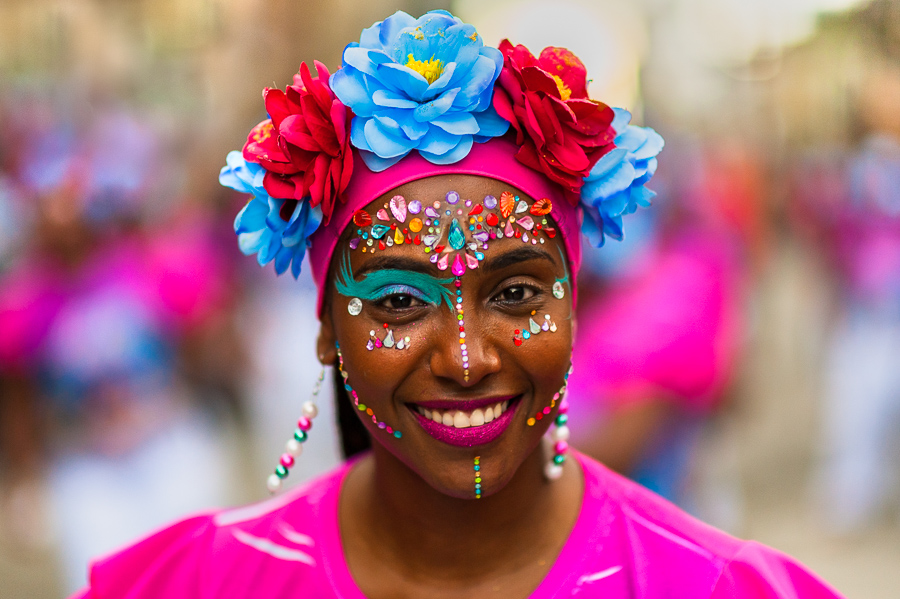 An Afro-Colombian dancer of the Yescagrande neighborhood takes part in the San Pacho festival in Quibdó, Colombia.