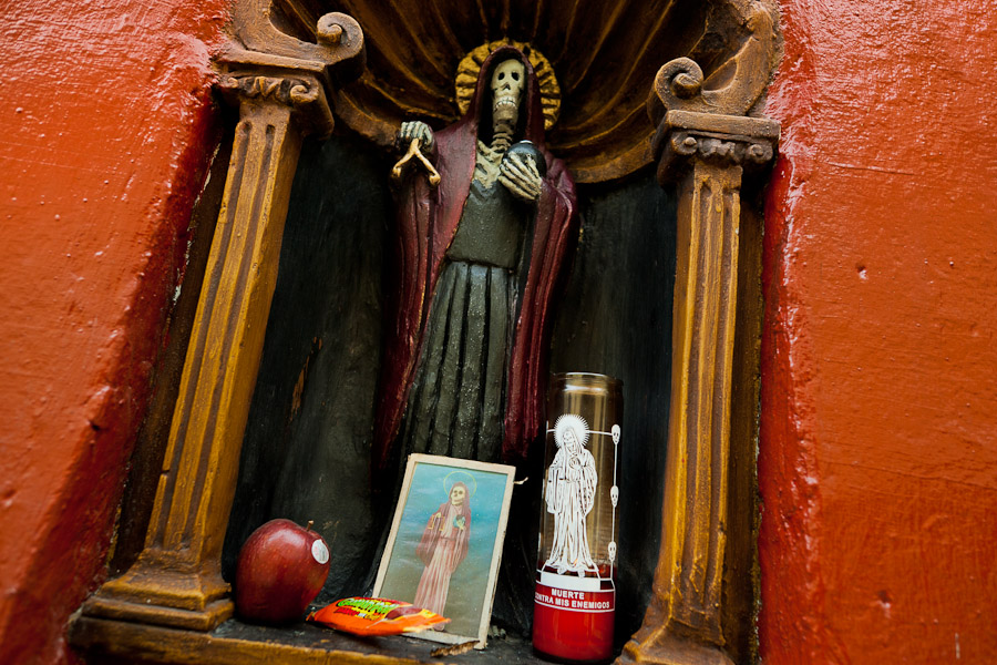 A figurine of Santa Muerte (Saint Death) seen in a temple in the historical center of Mexico City, Mexico.