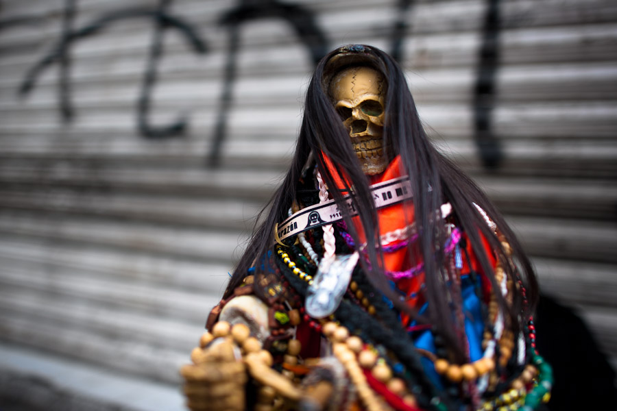 A religious icon of Santa Muerte (Holy Death) seen during the pilgrimage in Tepito, a dangerous district of Mexico City, Mexico.