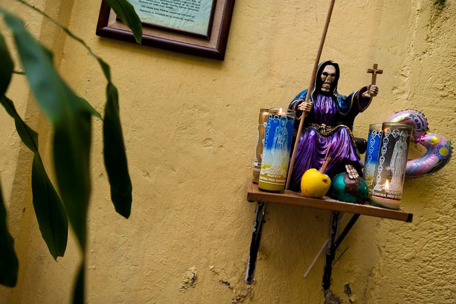 A Santa Muerte icon seen in a temple in the historical center of Mexico City, Mexico.
