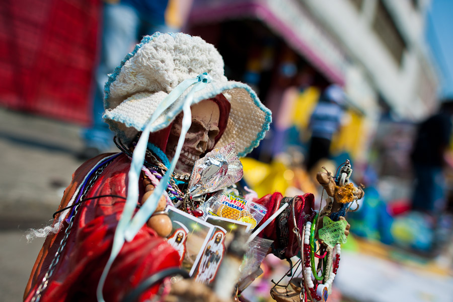 A statue of Santa Muerte (Holy Death) seen during the pilgrimage outside the shrine in Tepito, a violent district of Mexico City, Mexico.