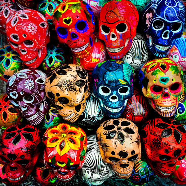 Colorfully decorated skulls (Calaveras) are seen in downtown before the start of the Day of the Dead (Día de Muertos) festivities in Mexico City, Mexico.