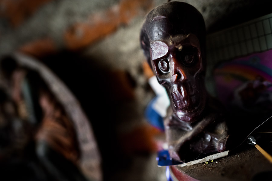 A skull sculpture is seen on the altar in a shaman's house in Cali, Colombia.