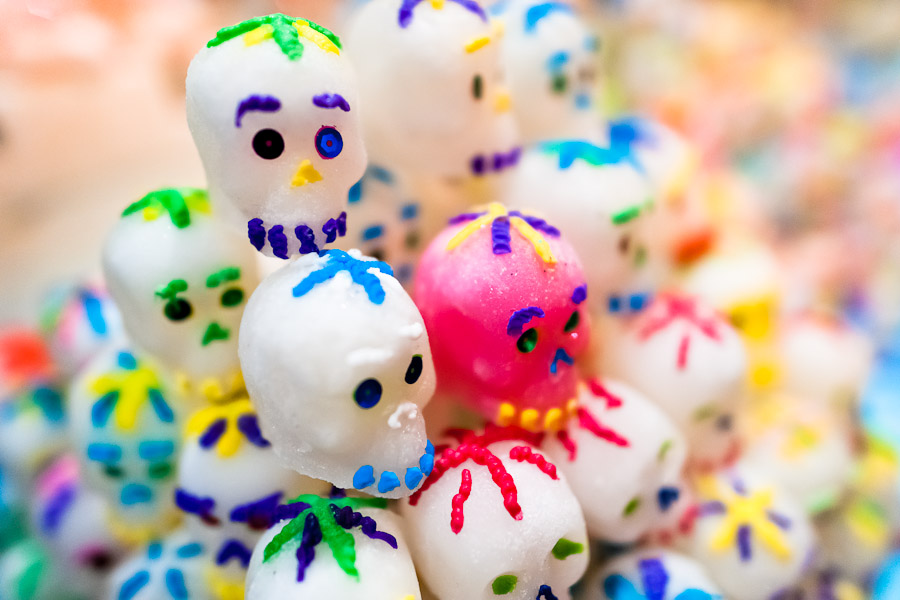 Colorful sugar skull candies are sold on the market during the Day of the Dead festivities in Pátzcuaro, Michoacán, Mexico.