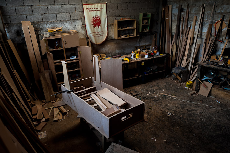 An unfinished chipboard case seen at a table football workshop in Quito, Ecuador.