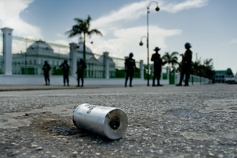 An empty tear gas cartridge left on the street after a violent riot in front of the Presidential Palace in Port-au-Prince, Haiti.