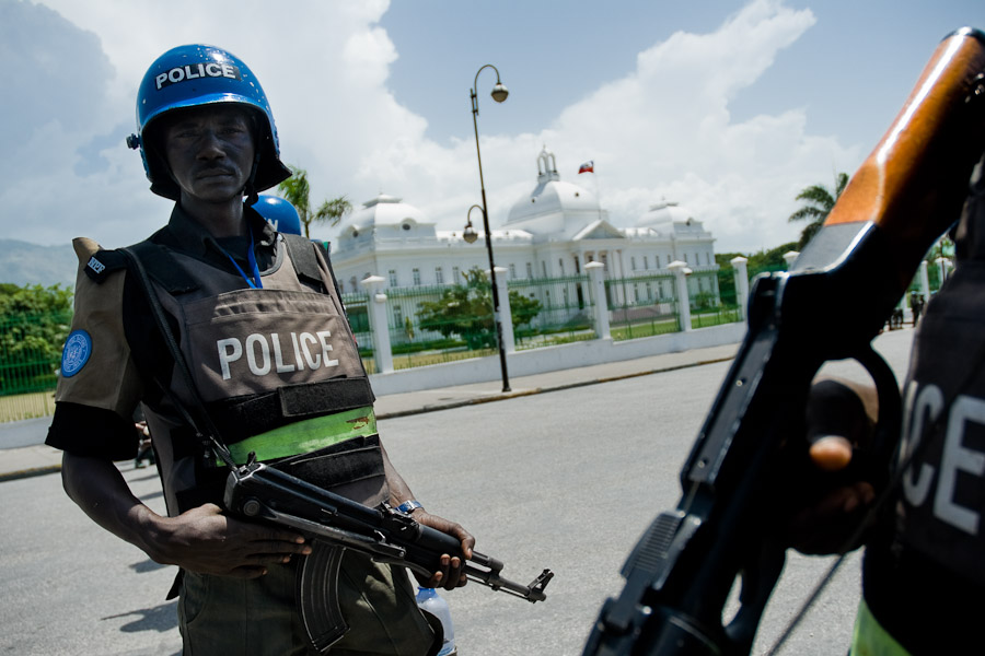 The UN policemen from Nigeria guard the Presidential Palace in Port-au-Prince, Haiti.