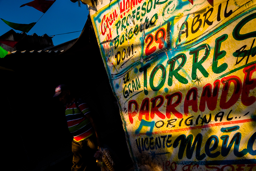 A music party propaganda, created by Runner’s collective, is seen painted on the wall in Bazurto market in Cartagena, Colombia.