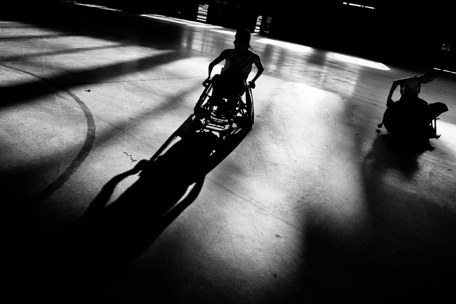 Colombian disabled athletes play murderball (wheelchair rugby) in the indoor sporting arena Coliseo, Bogota, Colombia.